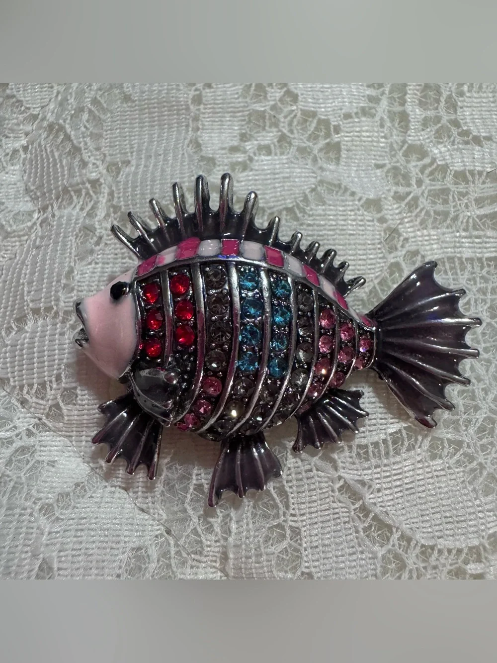 Rhinestone Tropical Fish Brooch Pin Pink Blue Silver Tone Statement Jewelry Fun